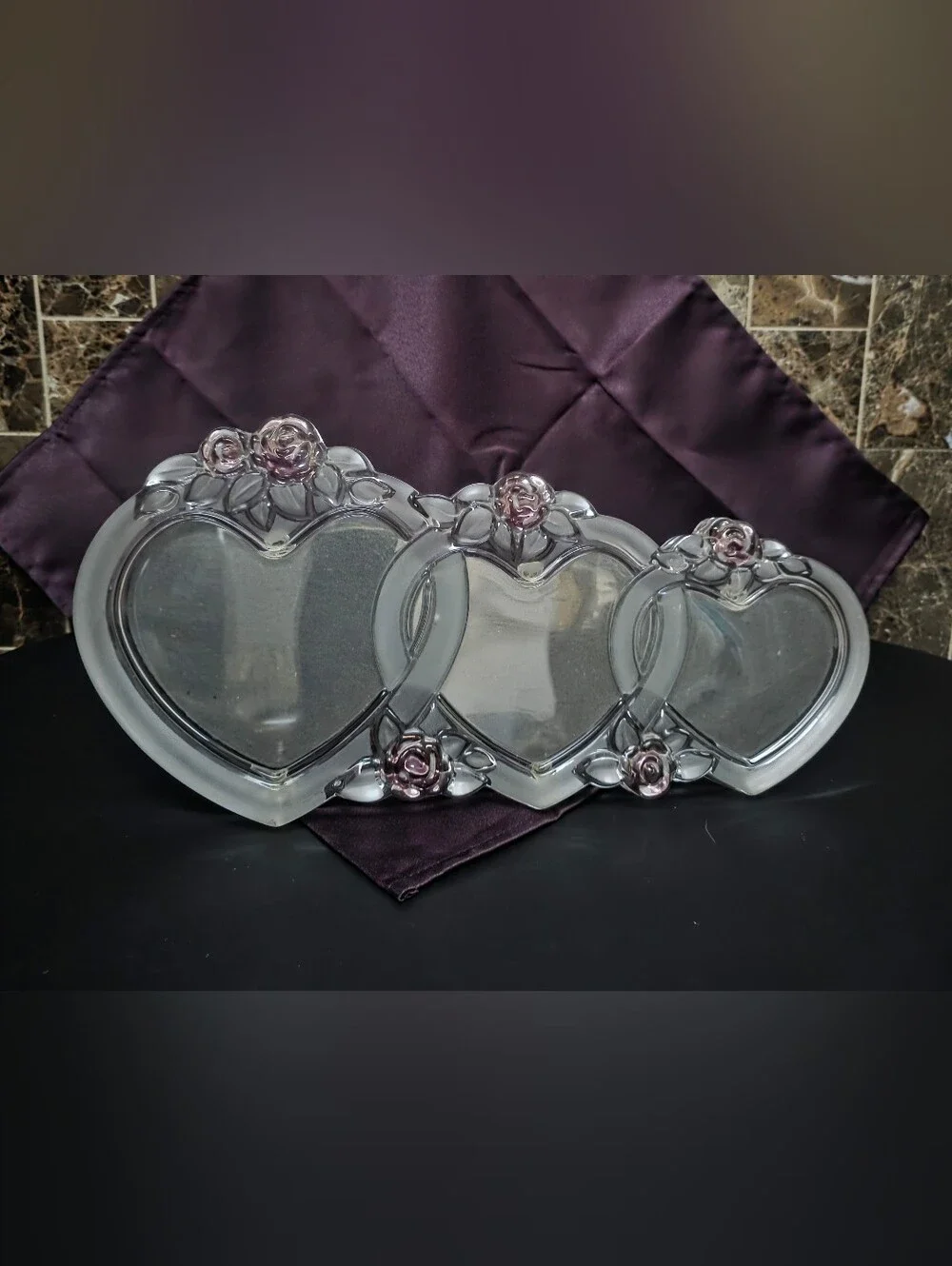 Vintage Mikasa Rosemont Triple Heart Glass Picture Frame Elegant Wedding